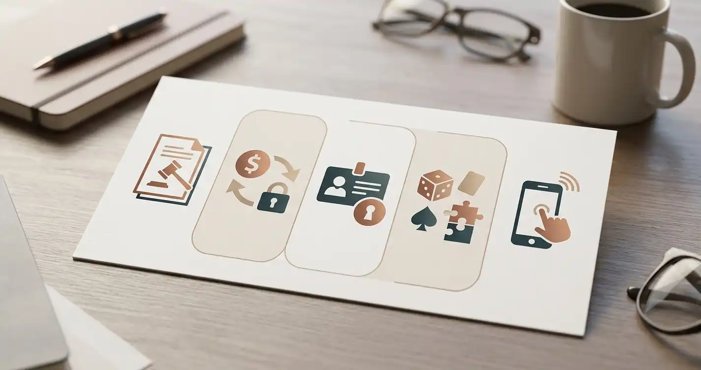 Ilustracja karty oceny Stake z obszarami prawo, płatności, KYC, gry i wersja mobilna