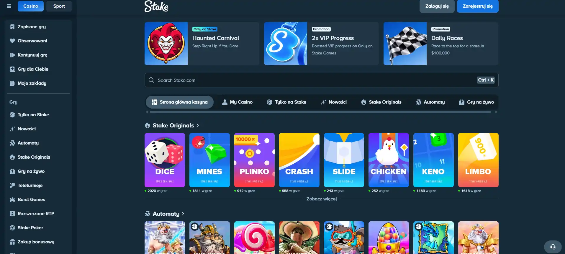 Aktualny katalog Stake z kategoriami Stake Originals, automatami i grami na żywo