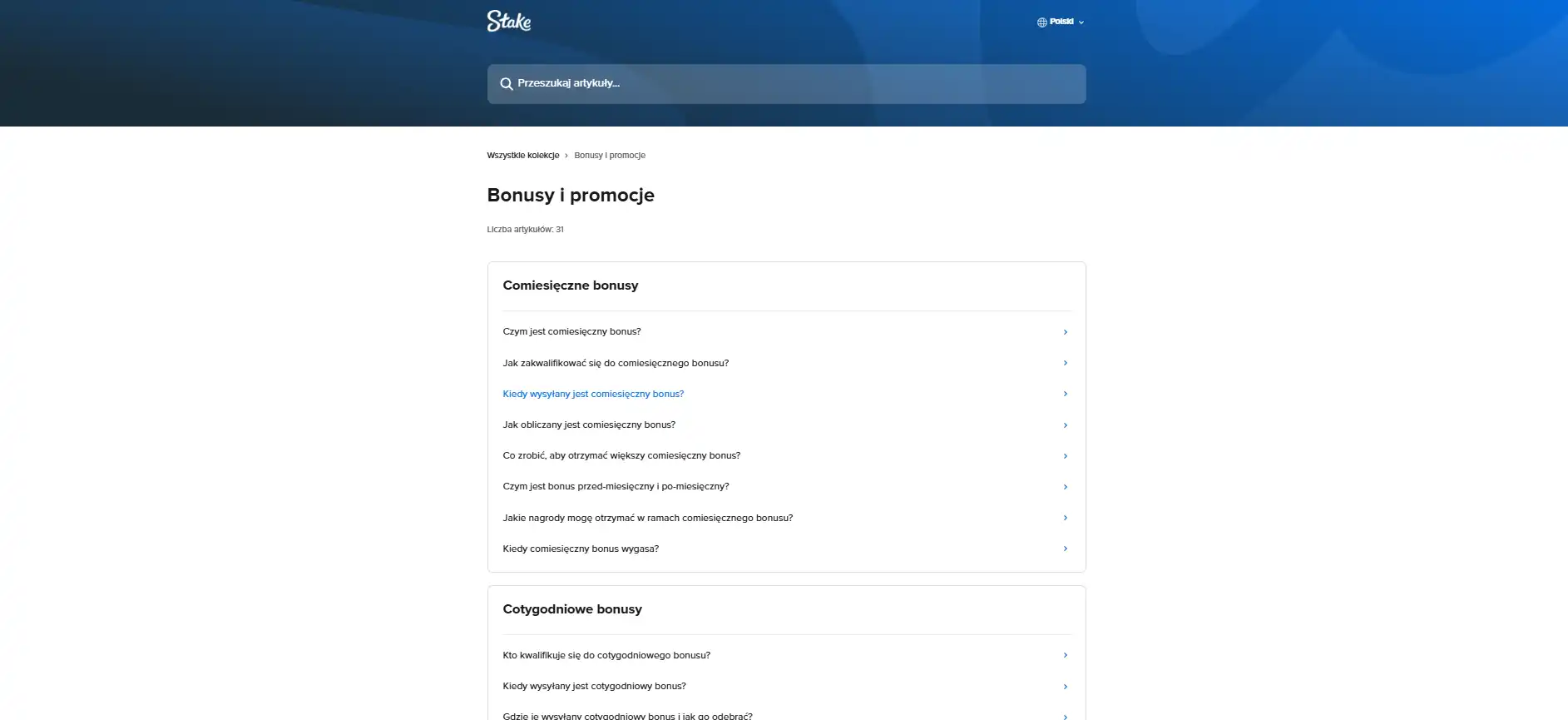 Zrzut polskiej sekcji pomocy Stake dotyczącej bonusów, promocji i zwrotu części prowizji