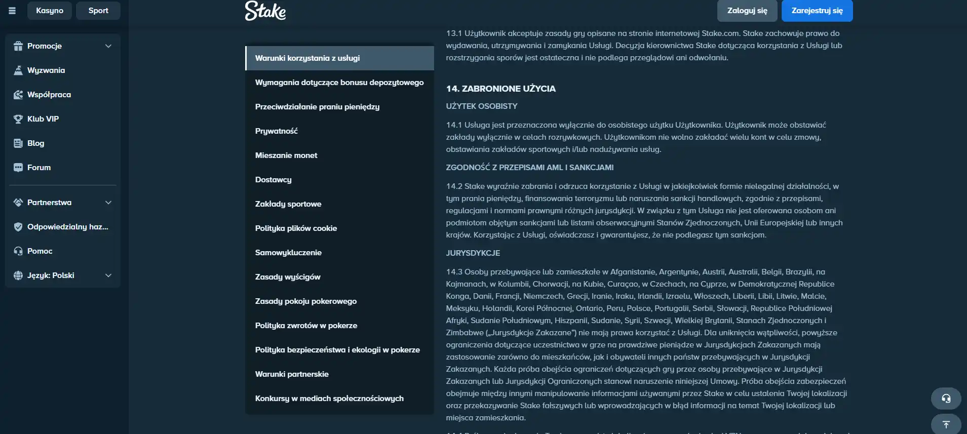 Zrzut sekcji 14.3 regulamin Stake z Polską na liście jurysdykcji zabronionych