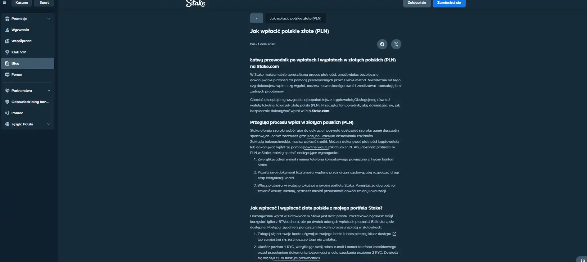 Aktualny oficjalny przewodnik Stake dotyczący wpłat w polskich złotych