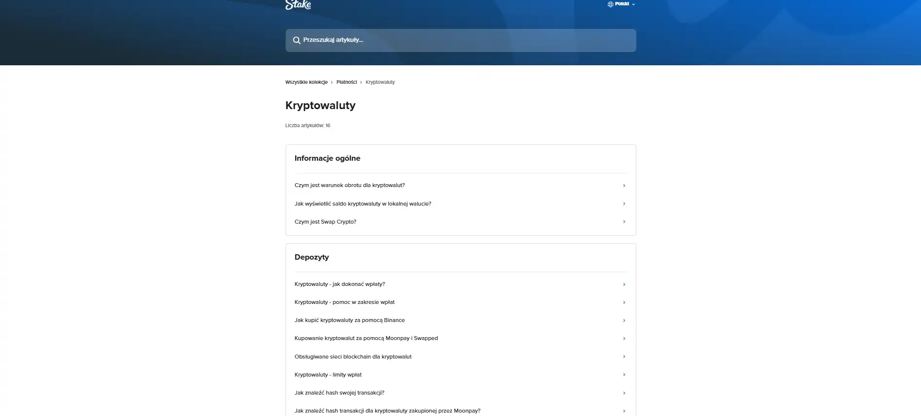 Oficjalna sekcja centrum pomocy Stake z kryptowalutami i obsługiwanymi sieciami