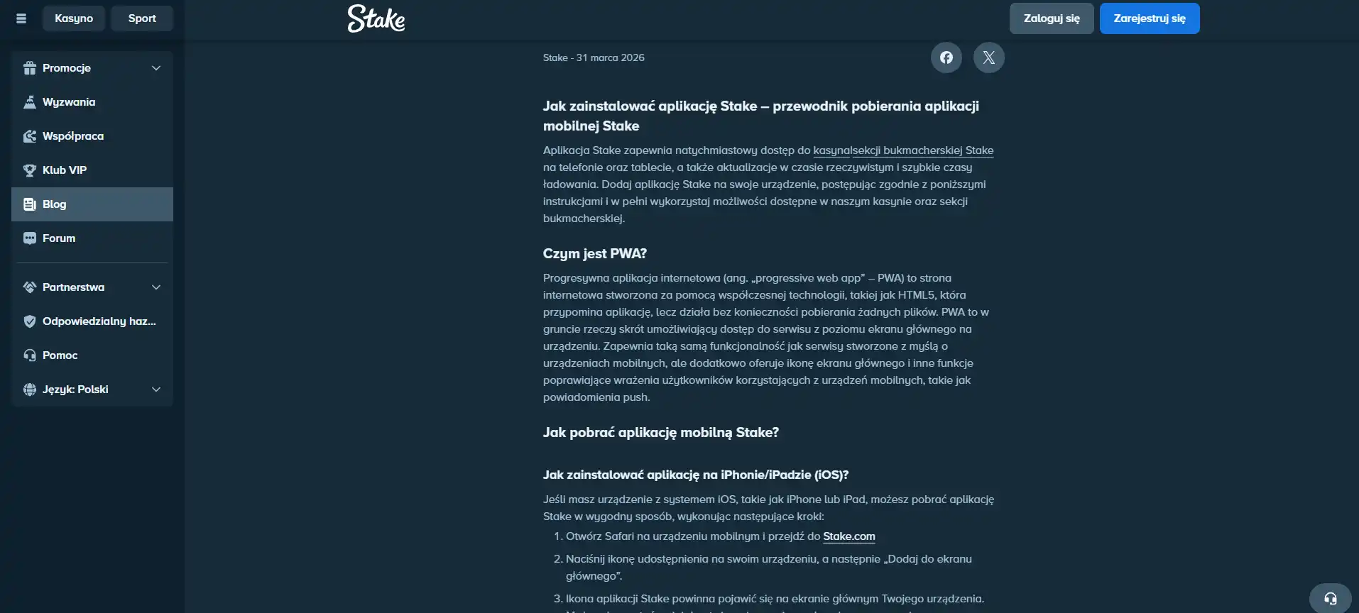 Oficjalny mobilny interfejs Stake lub instrukcja dodania PWA do ekranu głównego