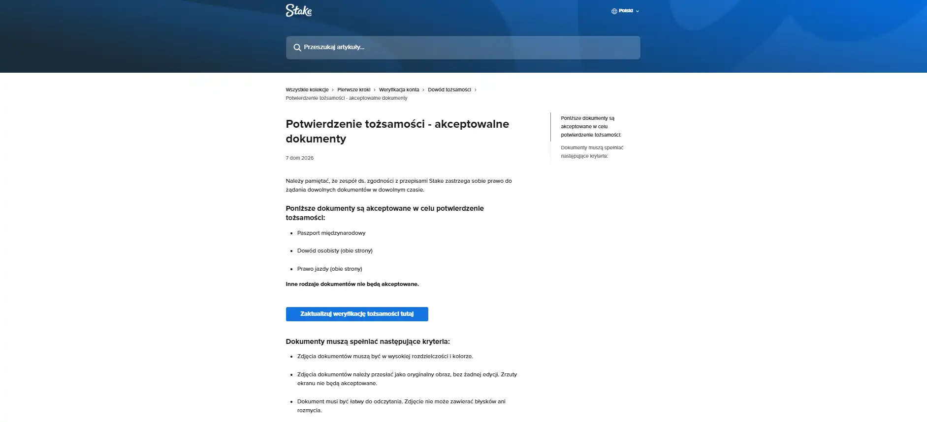 Oficjalna strona centrum pomocy Stake z wymaganiami dotyczącymi dokumentów KYC