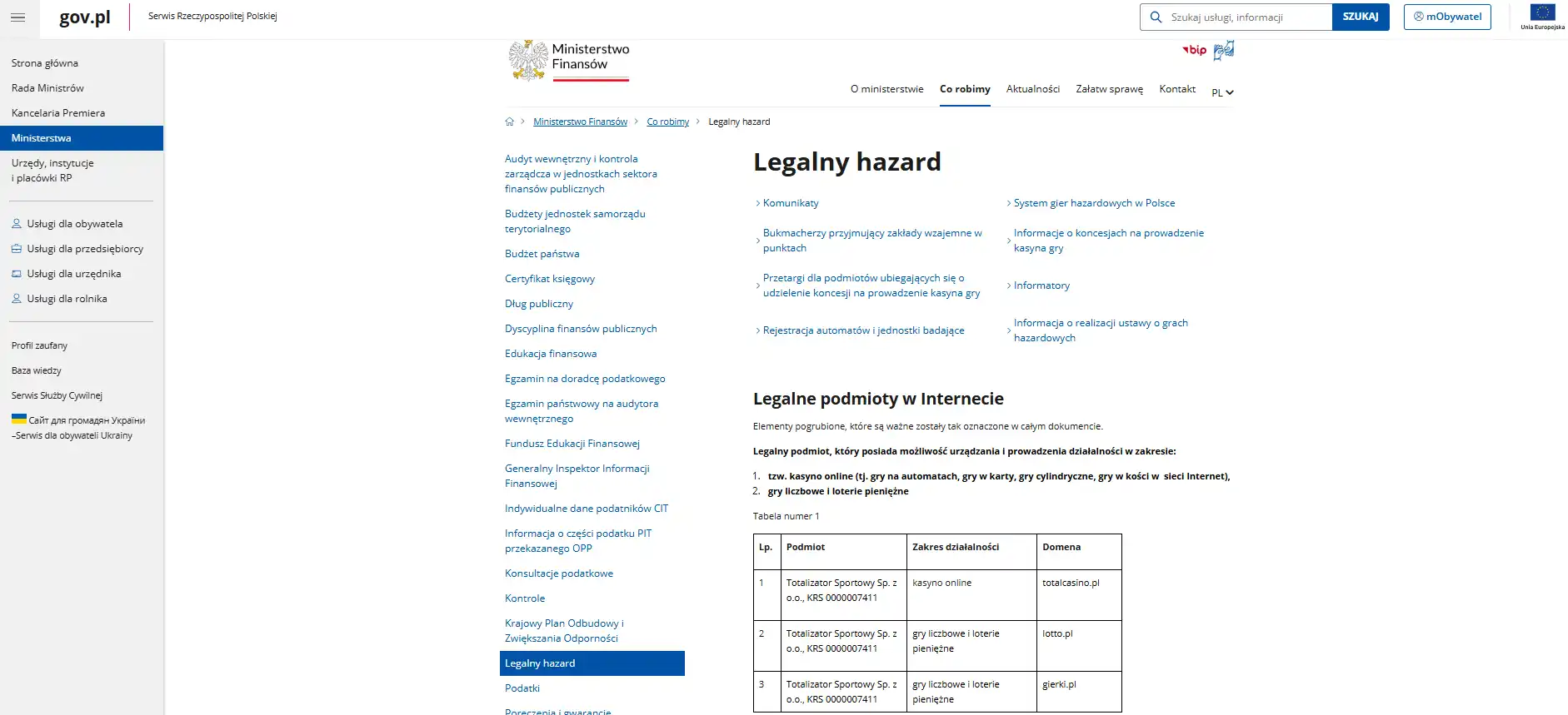 Zrzut oficjalnej strony Ministerstwa Finansów opisującej legalny hazard internetowy w Polsce